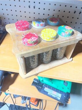 Wood Spice Rack with Floral Tin Lids and glass jars